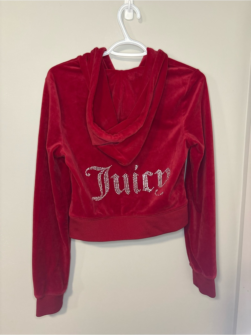 Y2K Juicy Couture Red Velour Zip Up, Silver Rhinestone “Juicy” Back Detail
